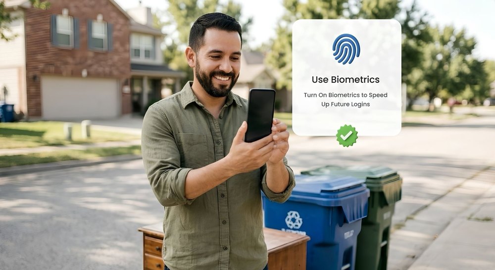 Resident logging in to the WasteConnect+ app with Face ID beside curbside waste carts