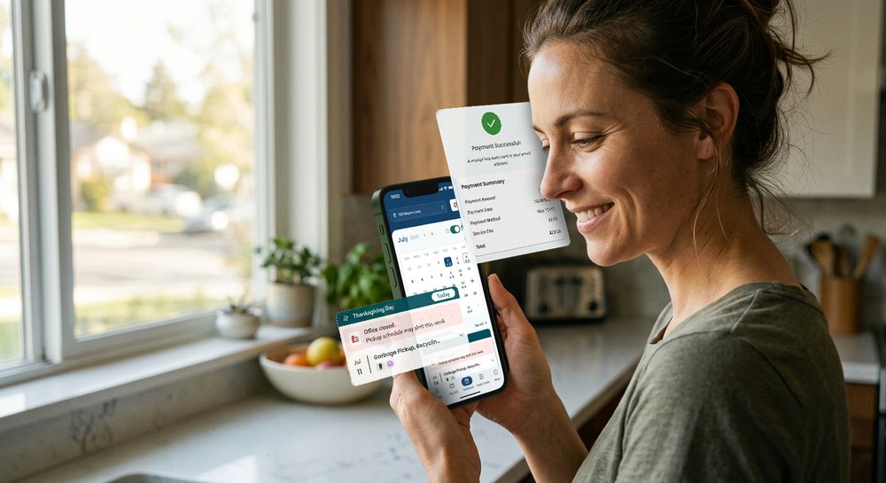 Resident viewing their pickup schedule and payment confirmation in the WasteConnect+ app