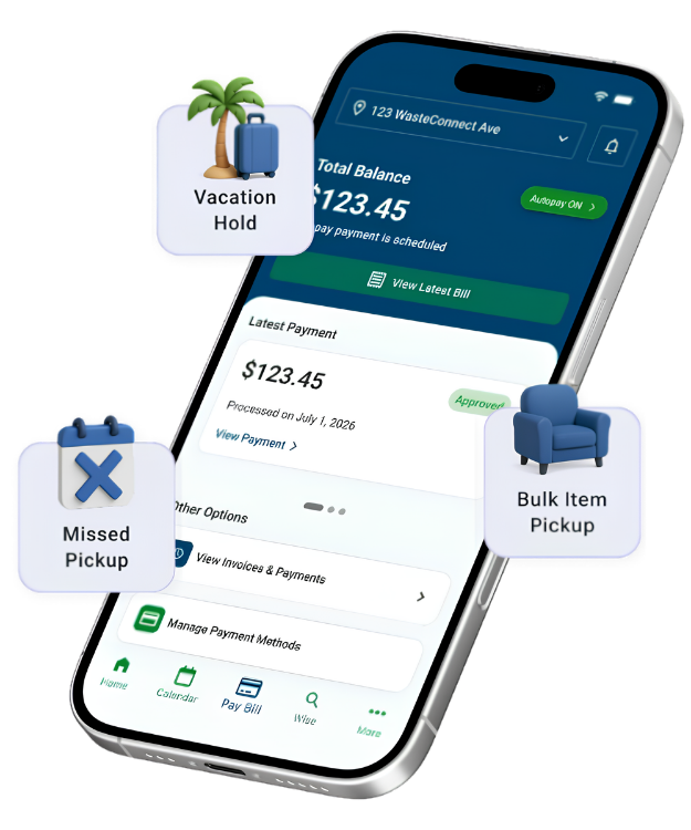 WasteConnect+ mobile app showing pickup schedule, vacation hold, missed pickup and bulk item options